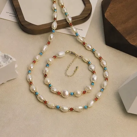 Original Design Natural Freshwater Pearl Turquoise Agate Necklace And Bracelet Combination Bohemian Elegant Jewelry For Women