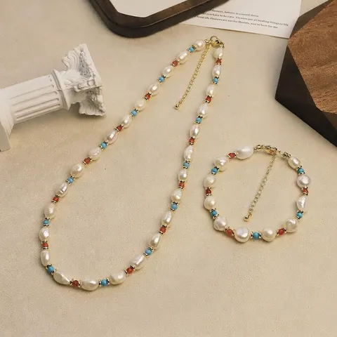 Original Design Natural Freshwater Pearl Turquoise Agate Necklace And Bracelet Combination Bohemian Elegant Jewelry For Women