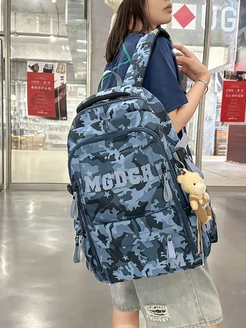 Fashion Camouflage Graffiti Print Large Capacity Backpack Nylon Waterproof Travel Laptop School Bag For Student With Bear Pendant
