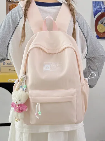 Koreaanse Preppy Stijl Eenvoudige Effen Kleur Nylon Rugzak Grote Capaciteit Schooltas Voor Meisjes Met Schattige Beer Hanger