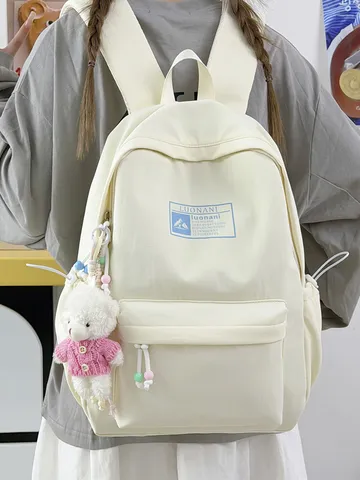 Koreaanse Preppy Stijl Eenvoudige Effen Kleur Nylon Rugzak Grote Capaciteit Schooltas Voor Meisjes Met Schattige Beer Hanger