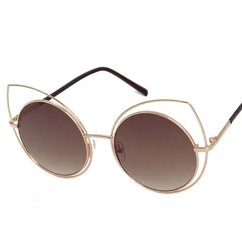 Women Trendy Cat Ear Round Frame Sunglasses Metal Large Frame UV400 Mirror Gradient Lenses Fashion Street Eyewear