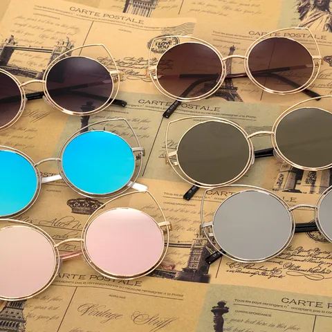 Women Trendy Cat Ear Round Frame Sunglasses Metal Large Frame UV400 Mirror Gradient Lenses Fashion Street Eyewear