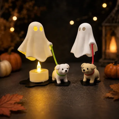 Figurine de Chien Fantôme d'Halloween en Résine Ornement de Bureau Effrayant avec Bougie Électronique LED Décor de Fête