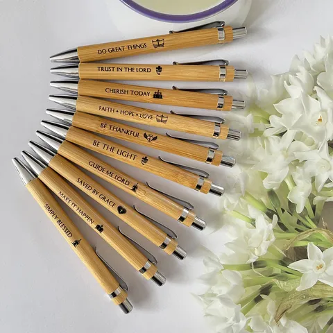 Natural Bamboo Wood Ballpoint Pen Set 10 Pieces Click Ball Pens With Inspirational Bible Verses Laser Engraved