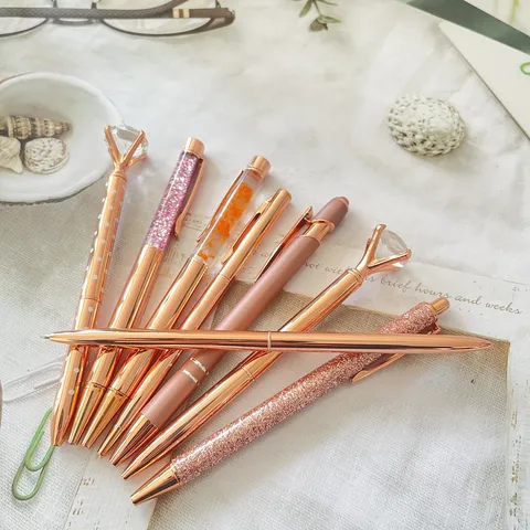 Stainless Steel Rose Gold Ballpoint Pen Set Metal Pens With Rhinestone Dried Flowers And Sequins Office Stationery