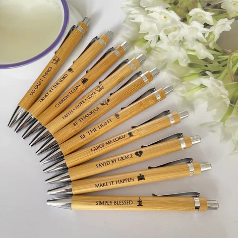 Natural Bamboo Wood Ballpoint Pen Set 10 Pieces Click Ball Pens With Inspirational Bible Verses Laser Engraved