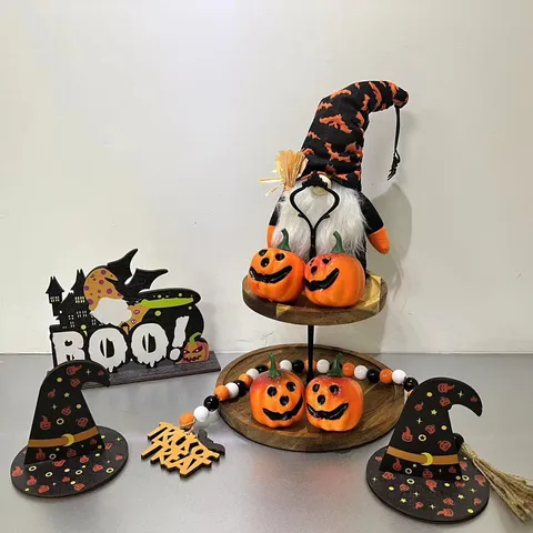 Halloween Wooden Pumpkin Gnome Tiered Tray Decor Cute Dwarf Castle Sign Festive Holiday Party Tabletop Ornament Home Decor