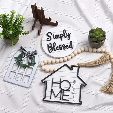 Farmhouse Tiered Tray Decor Wooden Sign Bead Garland Potted Plant Home Decor Table Centerpiece Rustic Country Decor