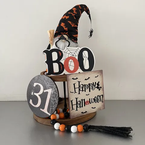 Wooden Halloween Tiered Tray Decor Pumpkin Dwarf Sign Set Ghost Bat Cute Gnome Ornaments For Home Holiday Party Decoration
