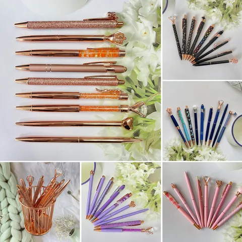 Creative Diamond Crown Quicksand Ballpoint Pen Set Rose Gold Metal Ballpoint Pens Office School Stationery Writing Gift