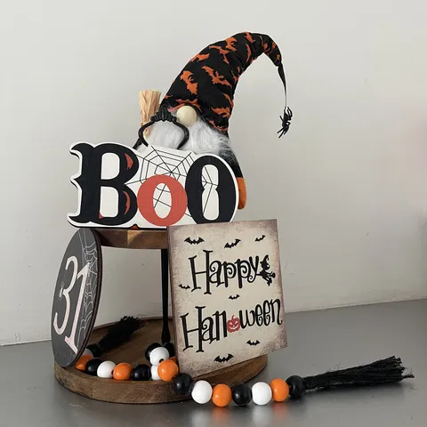 Wooden Halloween Tiered Tray Decor Pumpkin Dwarf Sign Set Ghost Bat Cute Gnome Ornaments For Home Holiday Party Decoration
