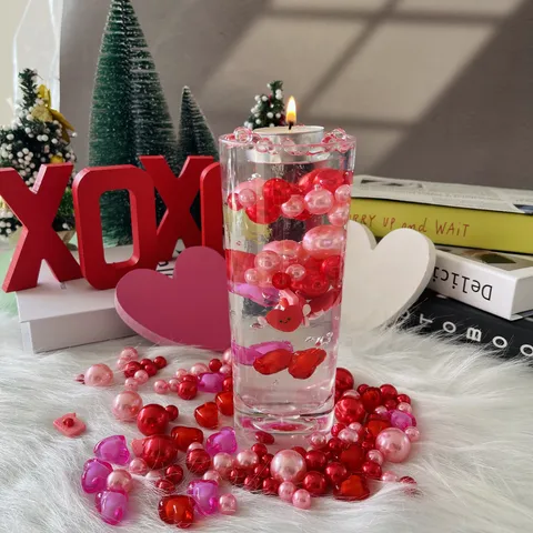 Valentine Day Vase Filler Heart Shaped Artificial Pearls And Resin Beads Pink Red Decorative Floating Pearls For Home Party Wedding Decor