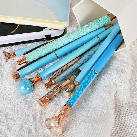 Creative Diamond Ballpoint Pen Set Stainless Steel Aluminum Alloy Plastic Blue Ink Writing Pens Office School Supplies
