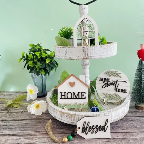 Farmhouse Tiered Tray Decor Wooden Home Blessed Signs Rustic Table Centerpiece Tiered Tray Accessories For Home Living Room
