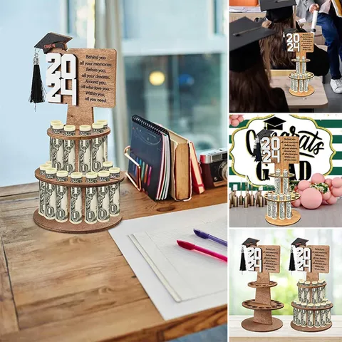 Wooden Graduation Money Holder Tiered Cash Display Stand Wooden Craft Desktop Ornament for Graduation Gift Party