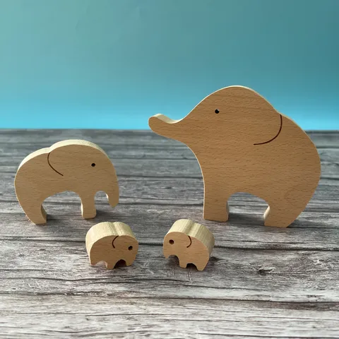 Wooden Elephant Mother And Child Figurine Set Cute Animal Sculpture Desktop Home Decor Mother's Day Gift