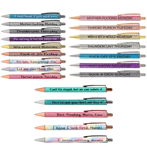 Funny Ballpoint Pen Set Stainless Steel PU Leather Novelty Slogan Pens Office School Stationery Writing Supplies Gift
