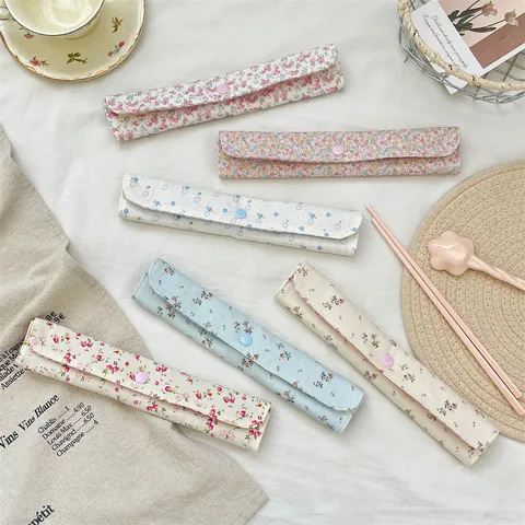 Floral Plaid Patchwork Cutlery Storage Bag Snap Button Portable Chopsticks Spoon Pouch Organizer For Student Travel Kitchen