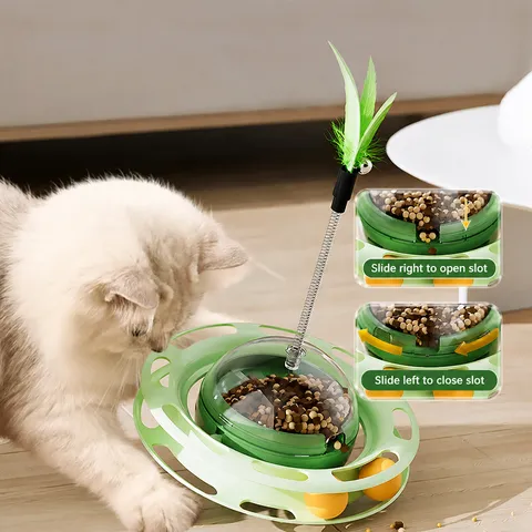 Interactive UFO Tumbler Cat Toy Turntable with Feather Teaser and Slow Feeder