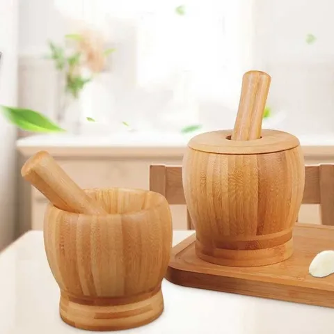 Natural Bamboo Mortar And Pestle Set Manual Garlic Press Herb Grinder Kitchen Tool For Spice Grinding