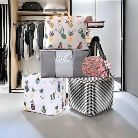 Jumbo Quilt Storage Bag Large Capacity Foldable Organizer With Visible Window Printed Pattern For Bedroom Blanket Storage