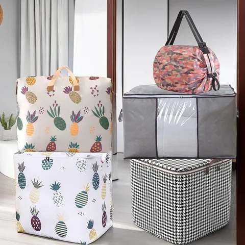 Jumbo Quilt Storage Bag Large Capacity Foldable Organizer With Visible Window Printed Pattern For Bedroom Blanket Storage