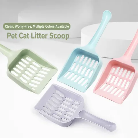 Plastic Cat Litter Scoop With Long Handle And Fine Mesh Hollow Design Colorful Pet Cleaning Tool For Kitty Litter Box