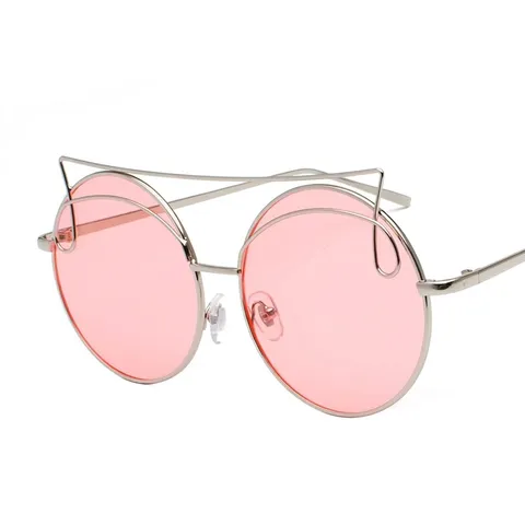 Fashion Round Cat Ear Metal Frame Sunglasses For Women个性街拍渐变彩色镜片 Retro Round Sun Glasses Individual Bridge Design Eyewear