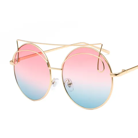 Fashion Round Cat Ear Metal Frame Sunglasses For Women个性街拍渐变彩色镜片 Retro Round Sun Glasses Individual Bridge Design Eyewear