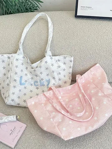 Korean Style Large Capacity Tote Bag Sweet Star Polka Dot Lucky Embroidery Polyester Shoulder Bag Casual Shopping Handbag For Women