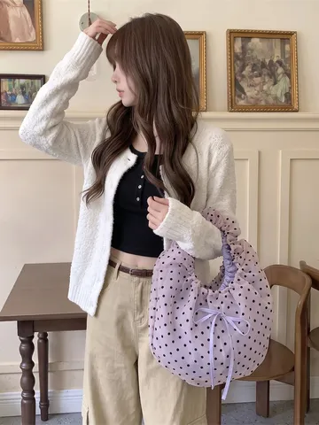 Bolso de Mano de Organza de Lunares Estilo Coreano Bolso de Malla con Lazo de Hada Fruncido para Mujer Bolso Estético Dulce