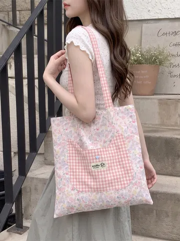 Floral Canvas Tote Bag For Women Large Capacity Pink Purple Student Shoulder Bag With Cat Pocket Lace Bow Casual Daily Bag
