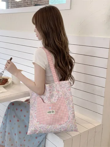 Floral Canvas Tote Bag For Women Large Capacity Pink Purple Student Shoulder Bag With Cat Pocket Lace Bow Casual Daily Bag