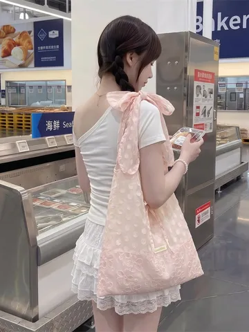 Bolso Tote de Organza de Lunares Estilo Coreano para Mujer Gran Capacidad Bordado Floral de Lentejuelas Bolso de Hombro Con Lazo Gigante Bolso de Mano de Hada