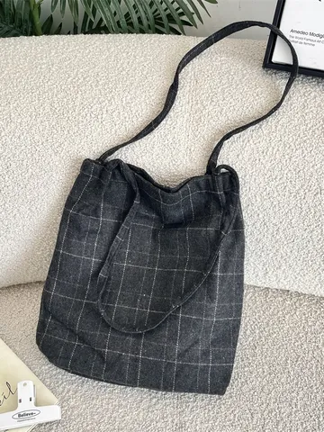 Vintage Dark Gray Plaid Drawstring Tote Bag Large Capacity Woolen Fabric Shoulder Bag For Women Commuter Daily Bag