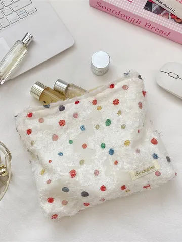 Koreaans Stijl Gekleurde Stippen Franje Organza Make-up Tas Voor Vrouwen Reizen Huidverzorging Opslag Rits Cosmetische Tas