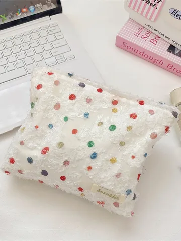 Koreaans Stijl Gekleurde Stippen Franje Organza Make-up Tas Voor Vrouwen Reizen Huidverzorging Opslag Rits Cosmetische Tas