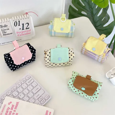 Korean Style Checkered Polka Dot Mini Storage Pouch With Snap Button Portable Earphone Lipstick Small Organizer Bag For Women
