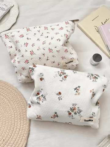 Bolsa de Cosméticos de Algodón Acolchado con Flores de Gran Capacidad Organizador de Aseo Portátil de Viaje con Cremallera Mujer