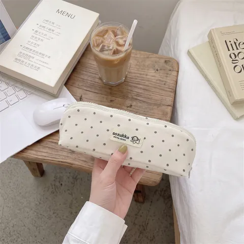 Koreaanse Stijl Macaron Polka Dot Pennenzak Schattige Stof Rits Potloodzak Grote Capaciteit Schrijfwaren Opbergtas Voor School Studenten