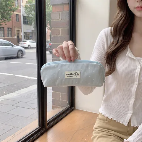 Koreaanse Stijl Macaron Polka Dot Pennenzak Schattige Stof Rits Potloodzak Grote Capaciteit Schrijfwaren Opbergtas Voor School Studenten