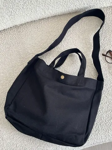 Bolso Tote de Lona Negra de Gran Capacidad Estilo Minimalista Relajado Correa Ancha para el Hombro Bolso Bandolera para Estudiantes Diario