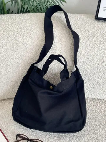 Bolso Tote de Lona Negra de Gran Capacidad Estilo Minimalista Relajado Correa Ancha para el Hombro Bolso Bandolera para Estudiantes Diario