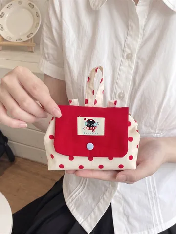 Mini Porte-monnaie à Pois de Style Coréen en Polyester Petite Trousse à Maquillage pour Femmes Pochette de Rangement Portable