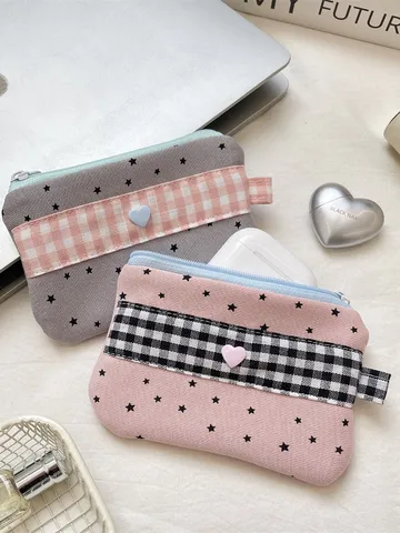 Cute Plaid Polka Dot Star Pattern Pencil Case Large Capacity High Beauty Stationary Storage Bag Handheld Stationery Pouch Organizer For School Students Office Women