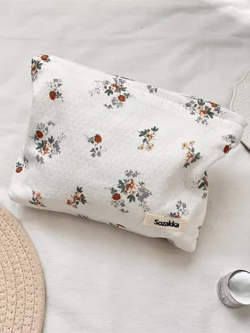 Bolsa de Cosméticos de Algodón Acolchado con Flores de Gran Capacidad Organizador de Aseo Portátil de Viaje con Cremallera Mujer
