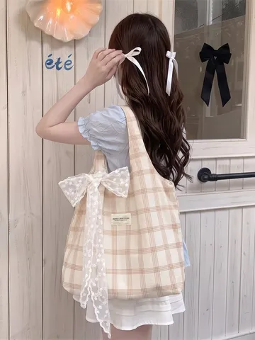 Frische Karierte Tragetasche Damen Große Kapazität Polyester Canvas Stil Umhängetasche Spitze Schleife Karomuster Studenten Handtasche