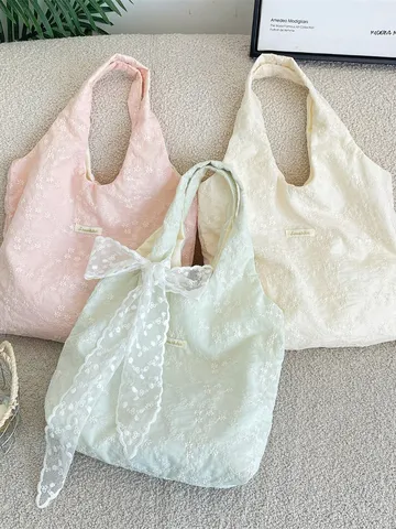 Koreanischer Mädchenhafter Bestickter Kirschblüten Tragetasche Große Kapazität Schultertasche Mit Spitzenschleife Für Damen