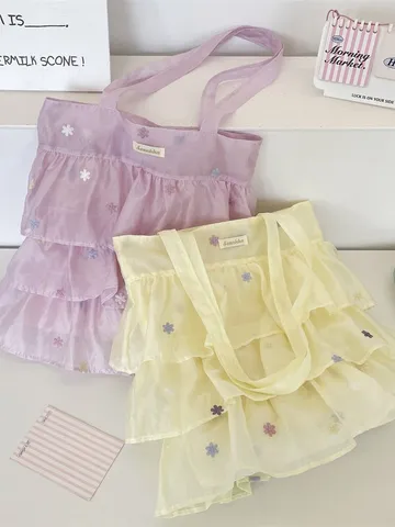 Bolso Tote de Organza con Volantes en Capas de Estilo Coreano para Mujer Bordado Floral Gran Capacidad Bolso de Hombro de Malla